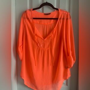 Express Neon Orange Sheer Sequin Boho Top 3/4 Sleeve Size Large